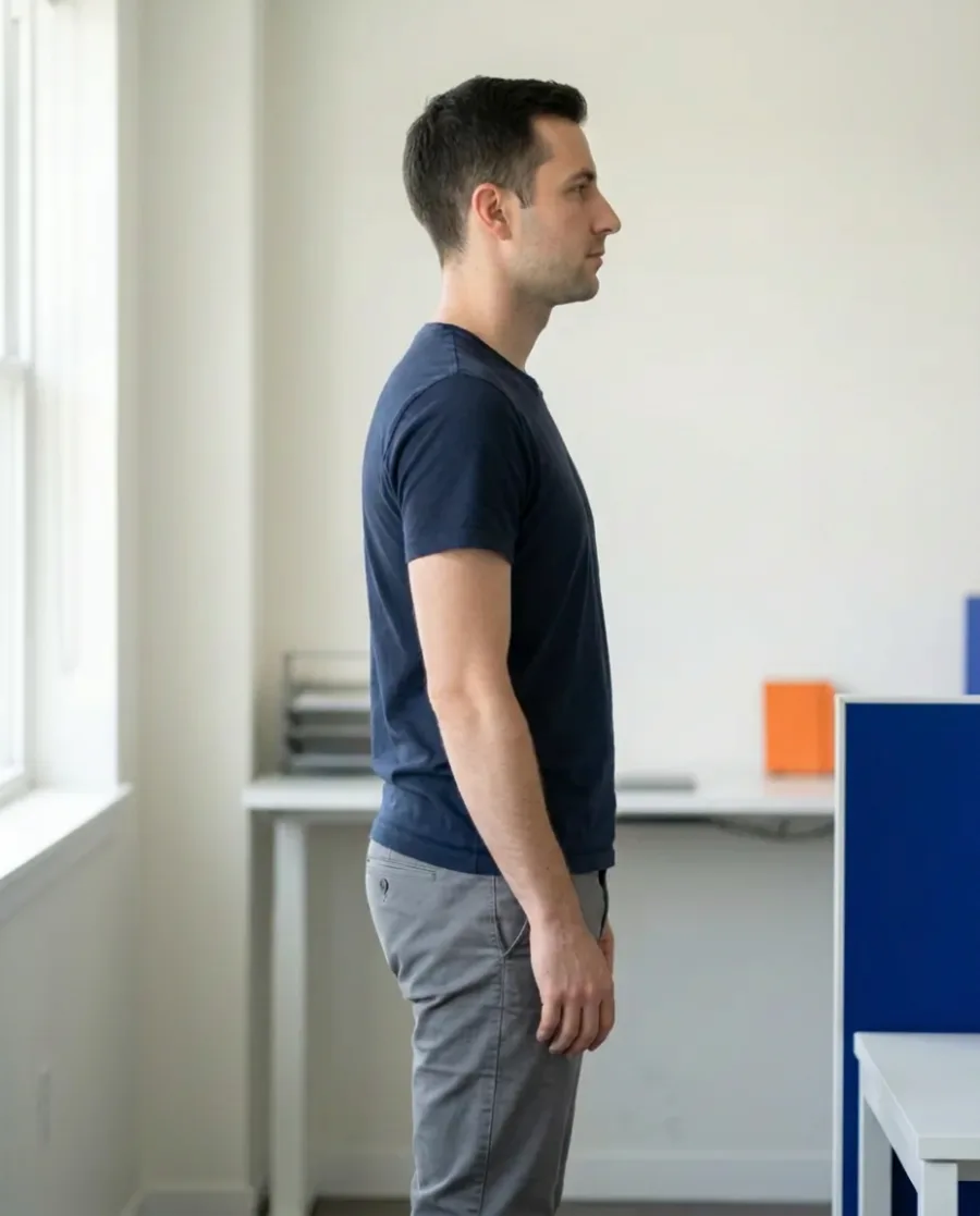 A man standing tall: head over shoulders over hips