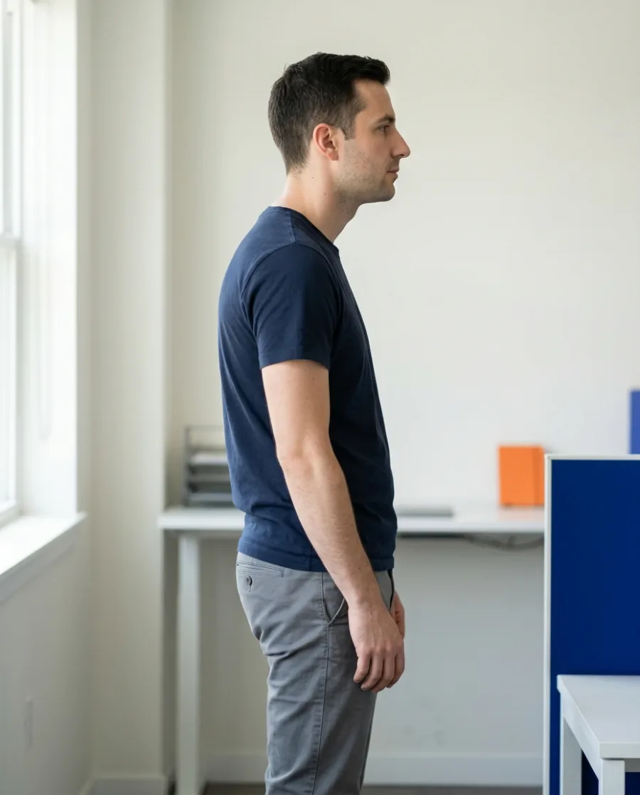 The same man slouching: head forward, shoulders rounded, upper back curved