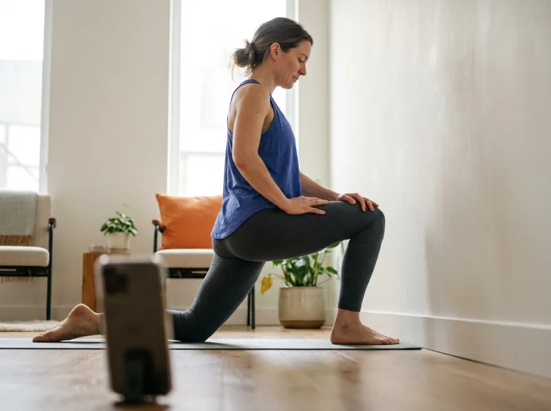 A woman retesting her ankle mobility in front of her phone