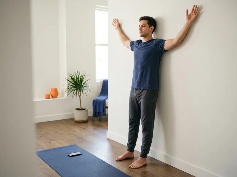 A man doing a wall angel exercise